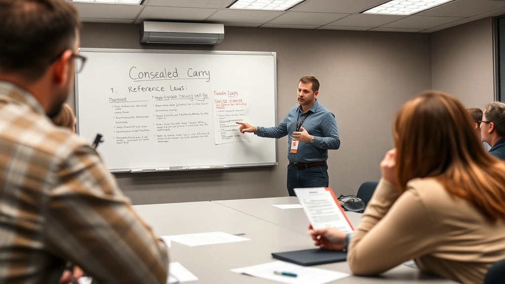 Licensed firearms instructor conducting classroom training session on concealed carry laws, pointing to legal reference materials on whiteboard, professional educational setting, engaged participants