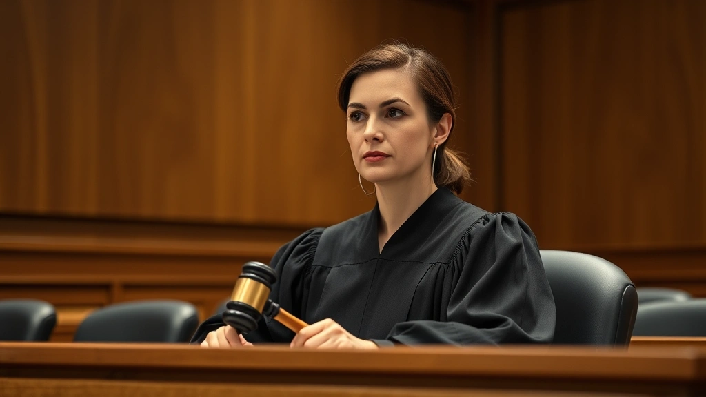 Female judge in black robes at bench with gavel, looking attentively forward in courtroom with wooden paneling, professional composed demeanor, soft courtroom lighting