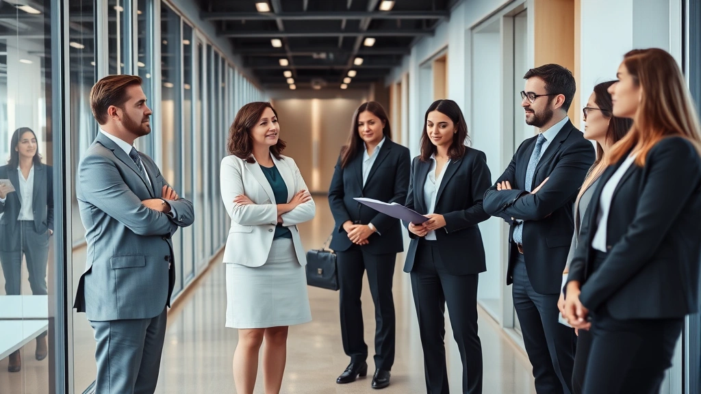 Diverse group of legal professionals in business attire standing in modern office hallway having discussion, confident body language, contemporary office architecture visible