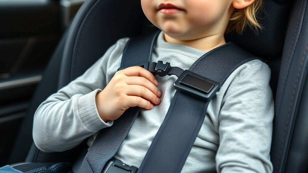 Close-up professional image of a young child properly restrained in a booster seat with correct shoulder strap positioning and chest clip placement at armpit level, natural vehicle lighting