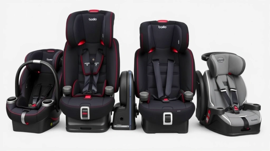 Professional photograph of multiple approved child safety seats displayed in a row showing progression from infant carrier through convertible to booster seat, showing various sizes and types, neutral background