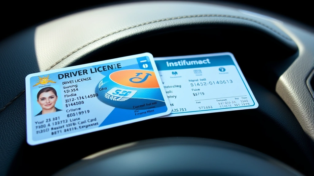 High-angle photograph of a Florida driver's license and insurance card on a dashboard with a citation ticket visible, showing official documents in natural lighting without readable text details