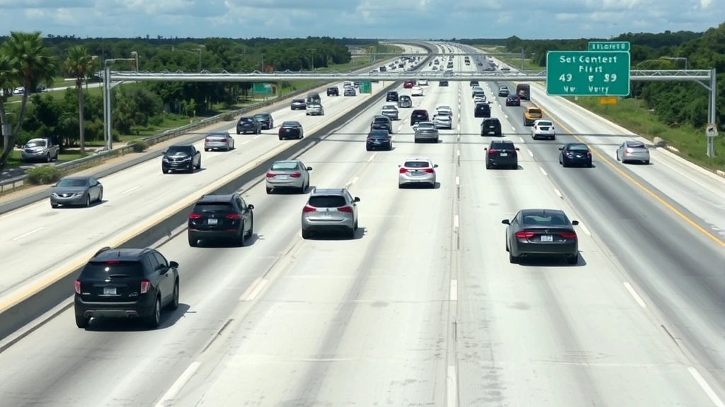 Photograph of a busy Florida interstate highway with multiple lanes of traffic during moderate traffic conditions, showing vehicles traveling at various speeds with clear road markings and signage in the background
