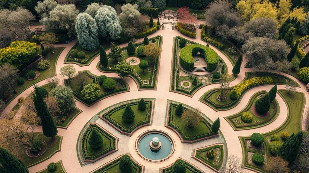 Aerial view of historic landscape garden with curved pathways, water features, and mature trees arranged in formal design pattern, showing preserved natural beauty and carefully planned layout