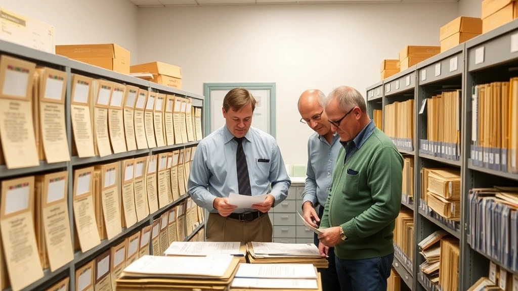 Team of preservation specialists examining historic property documentation and conservation easement records in climate-controlled archive room with filing systems and professional storage