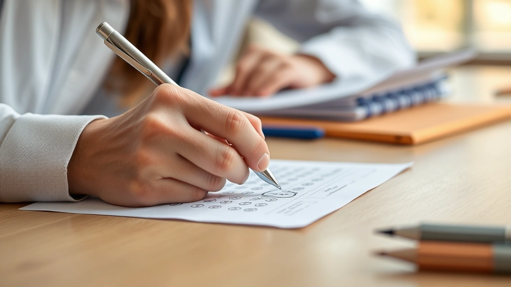 Close-up of someone writing on a test paper with pen, focused concentration, clean desk with exam materials, academic testing environment, professional setting