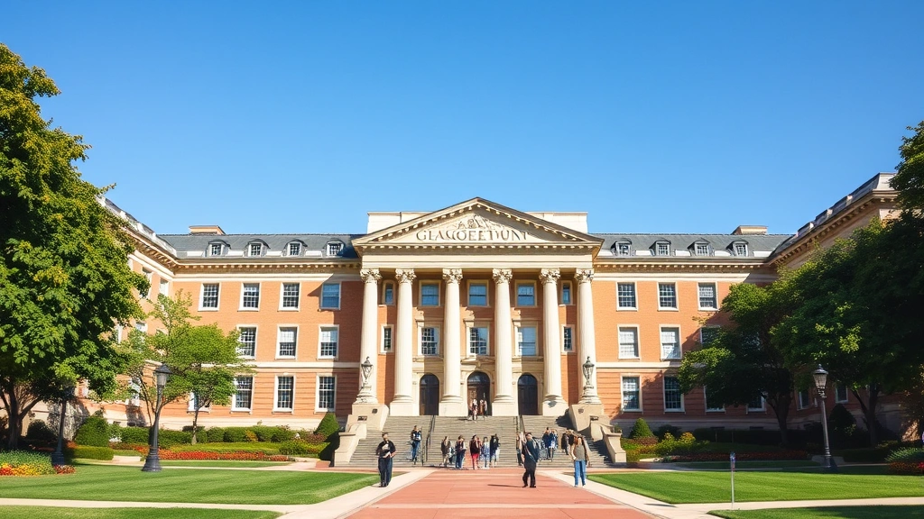 Georgetown University campus building exterior, neoclassical architecture, students walking on grounds, prestigious institution appearance, sunny day with clear sky