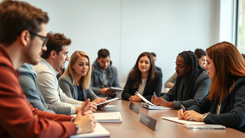 Diverse group of law students engaged in classroom discussion, taking notes and participating actively in legal education, professional academic setting with natural lighting, no signage or identifying information