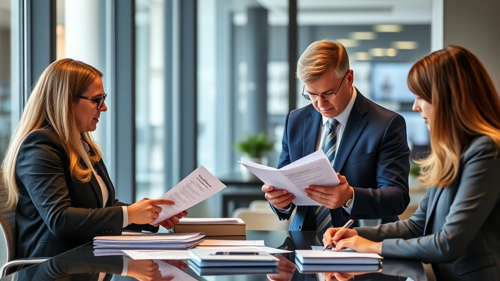 Successful law professionals in modern office setting reviewing legal documents and conducting research, representing Georgetown Law graduate career outcomes, sophisticated workplace environment, no visible contracts or legal text