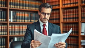 Professional attorney in business suit reviewing documents in modern law office with law books on shelves, natural lighting, serious focused expression, no text visible on documents