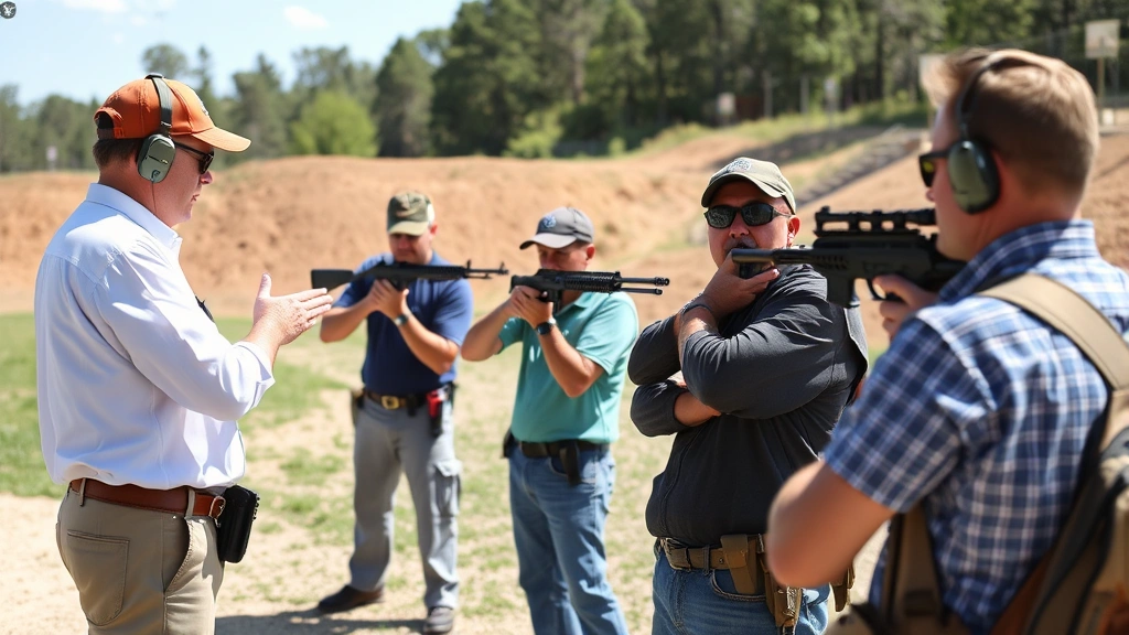 Certified firearms instructor conducting training session at outdoor shooting range with students in proper stance, daylight conditions, safety equipment visible, professional and educational atmosphere