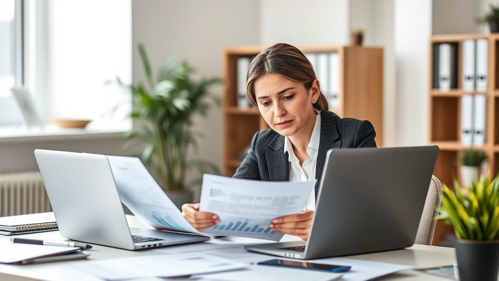 Professional woman reviewing financial documents at desk with laptop, organized paperwork, neutral office setting, natural lighting, serious focused expression