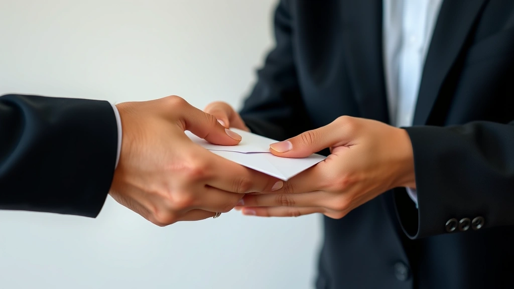 Close-up of hands exchanging cash envelope, neutral background, professional attire, clear detail of money transfer, daytime lighting