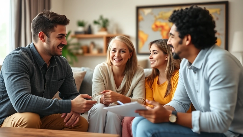 Diverse family members in living room having thoughtful conversation about finances, comfortable home setting, warm lighting, genuine interaction