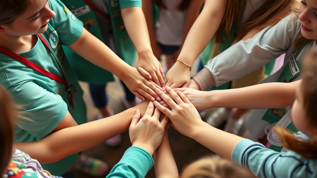 Close-up image of hands joining together in a circle during a Girl Scout meeting, demonstrating unity and the pledge commitment, photographed from above with warm natural lighting