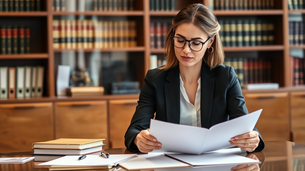 Female lawyer in professional business attire reviewing documents at her desk in a law office, representing legal expertise and organizational governance oversight