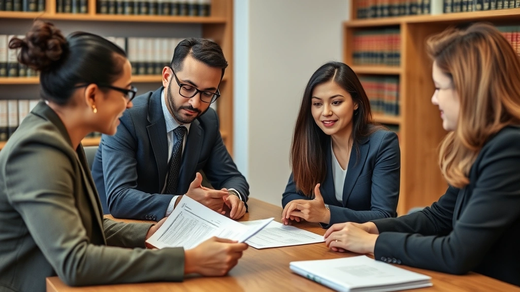 Immigration attorney and client in consultation meeting, reviewing visa petition documents together, diverse professionals, collaborative atmosphere, law office background with legal books
