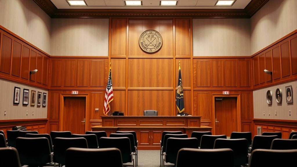 Immigration court or hearing room interior with professional formal setting, empty chairs and desk, representing the legal process and proceedings environment