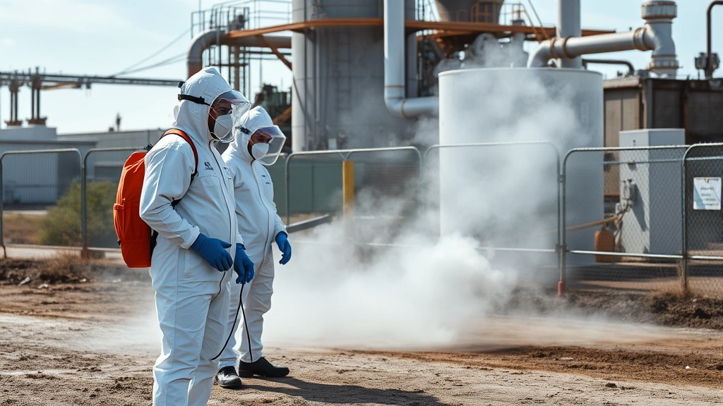 Environmental remediation team in protective gear assessing industrial site with visible vapor or gas dispersal patterns in outdoor setting, professional atmosphere showing contamination assessment work