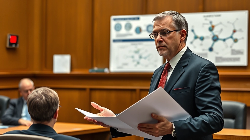 Expert witness presenting scientific evidence in courtroom setting with charts and molecular diagrams visible, professional appearance, serious legal proceeding atmosphere, no courtroom signage or identifying text