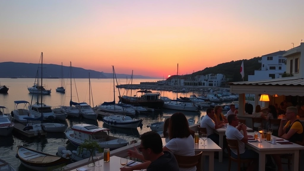 Scenic Greek island harbor at sunset with traditional taverna outdoor seating, people enjoying beverages responsibly in a picturesque Mediterranean coastal environment, no signage or text