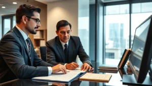 Professional immigration attorney in modern law office reviewing H-1B visa petition documents with employer client, both studying paperwork at desk with computer and legal folders visible