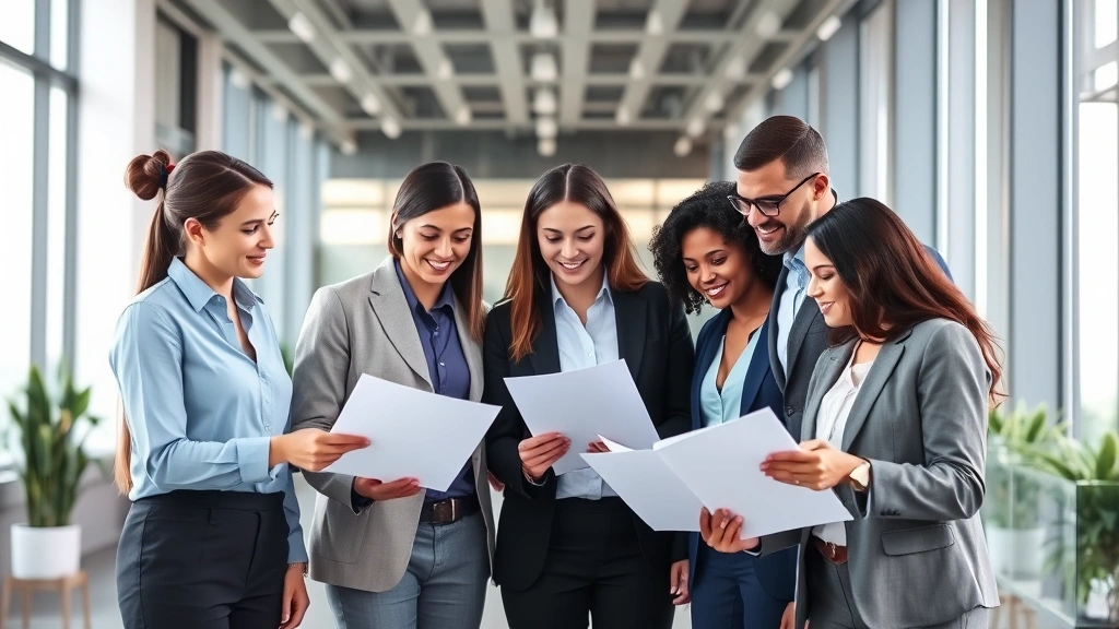 Diverse team of professionals in modern office setting reviewing documents and collaborating on international employment matters and legal compliance, multicultural workplace