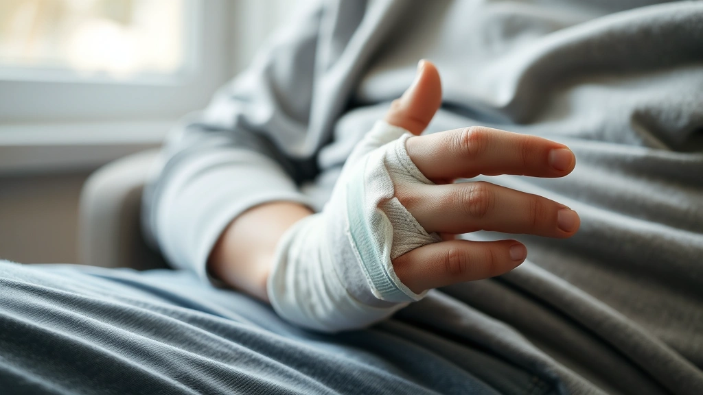 Close-up of injured person's bandaged hand on lap, showing emotional distress, soft natural window light, compassionate composition emphasizing personal injury impact