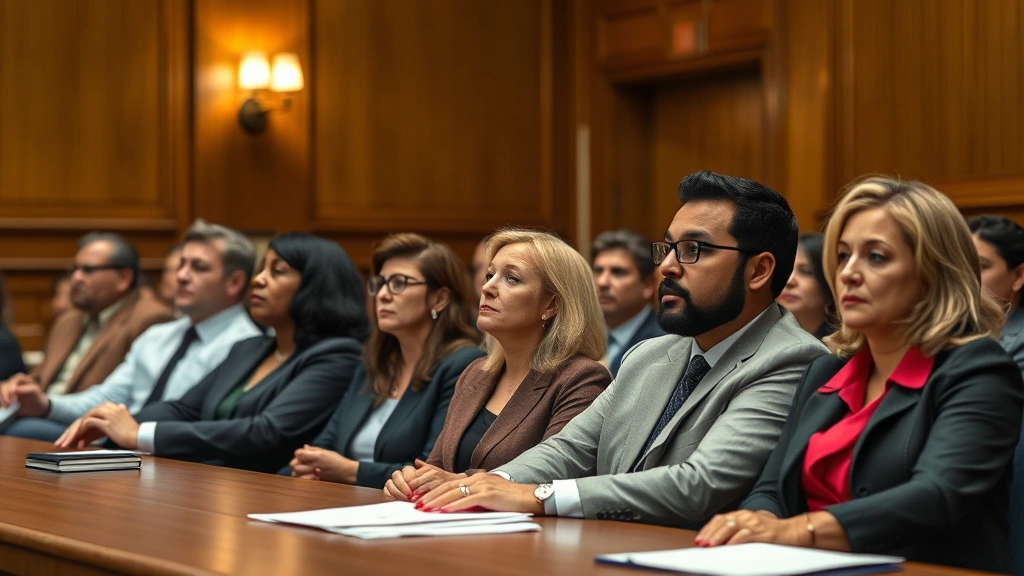 Diverse jury members in deliberation room listening attentively, serious professional atmosphere, warm indoor lighting, realistic courtroom setting emphasizing justice system