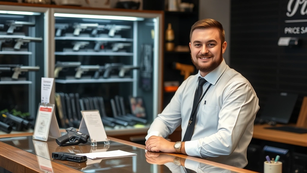 Licensed firearms dealer at gun shop counter with security measures visible, professional appearance, handguns in secured display case behind counter, modern retail environment