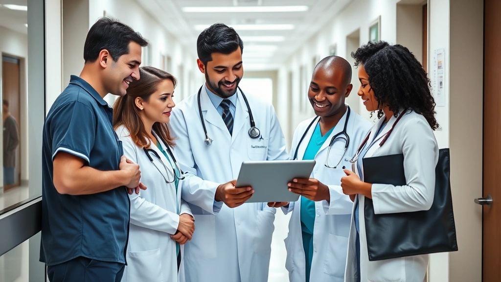 Diverse medical team collaborating in hospital hallway reviewing digital health records on tablet device, professional attire, modern healthcare facility background, natural daylight