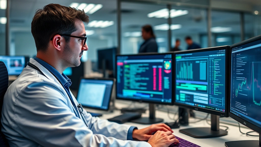 Healthcare data security professional examining cybersecurity protocols on multiple screens in compliance office, concentrated expression, technology-focused environment, professional setting