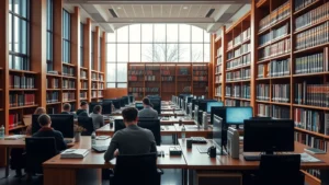 Modern law library with natural light, students studying at wooden desks surrounded by law books and computers, professional academic environment, warm lighting