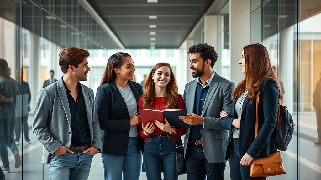 Young diverse law students in casual professional attire having collaborative discussion in law school hallway with modern architecture and glass walls visible