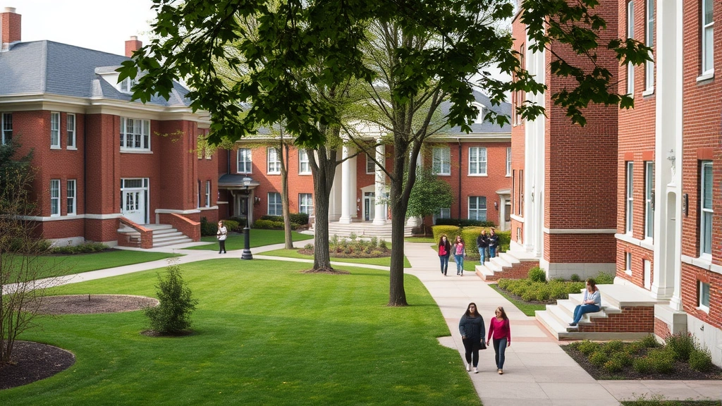 Law school campus exterior showing brick buildings and manicured grounds, Hofstra University architecture style, peaceful academic setting with students walking between buildings