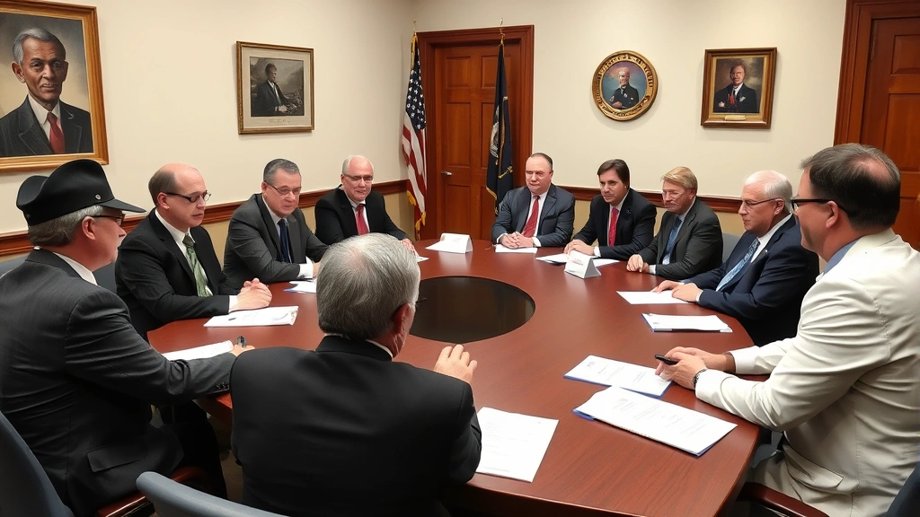 Diverse group of committee members in business attire seated around conference table during bill discussion, papers and documents visible, collaborative professional environment, government office setting