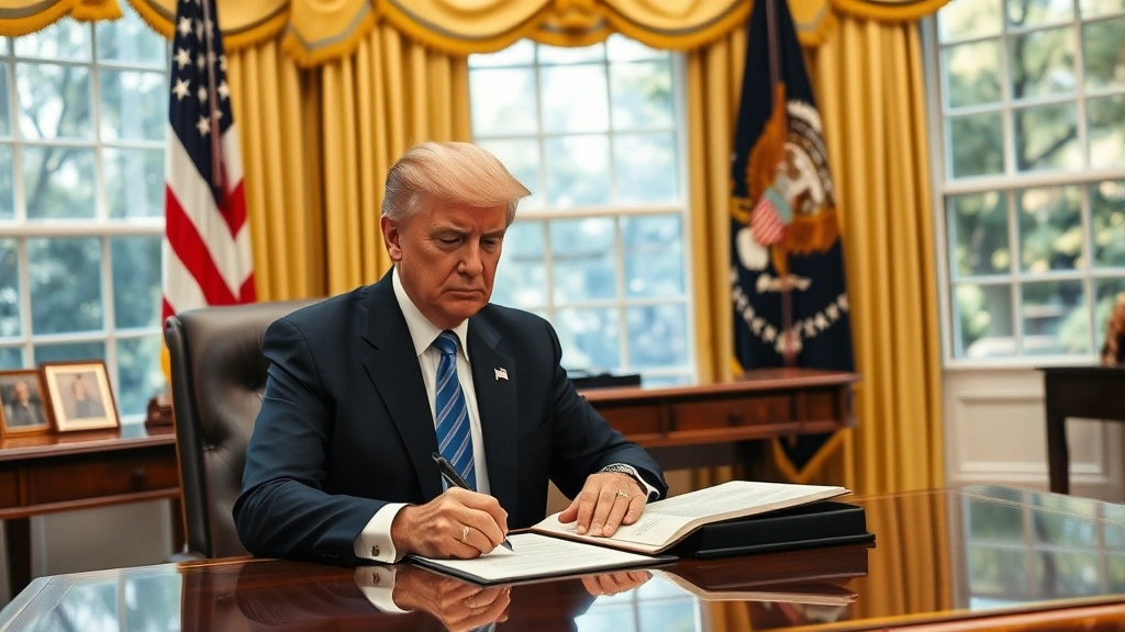 President at formal desk in official office reviewing legislation documents, professional government setting, constitutional law symbolism, formal signing ceremony atmosphere, official presidential environment