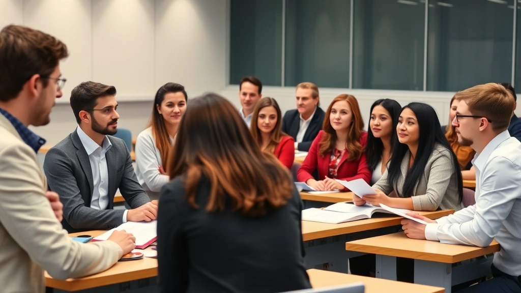 Diverse group of law school students in classroom discussion with professor, engaged conversation, modern lecture hall with legal materials on desks