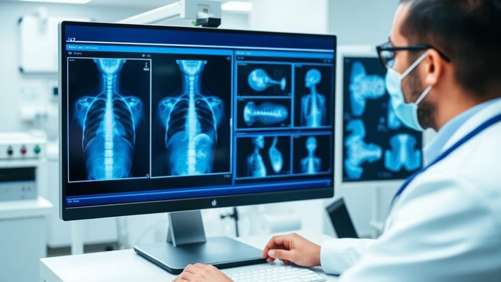 Medical professional in white coat reviewing X-ray imaging on computer screen in hospital setting, professional healthcare environment, clinical atmosphere