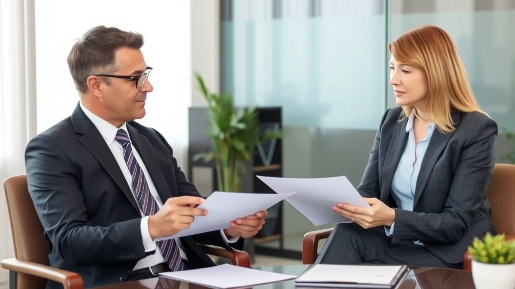 Attorney in business suit consulting with injured client in office, reviewing documents and discussing settlement options, professional legal consultation setting