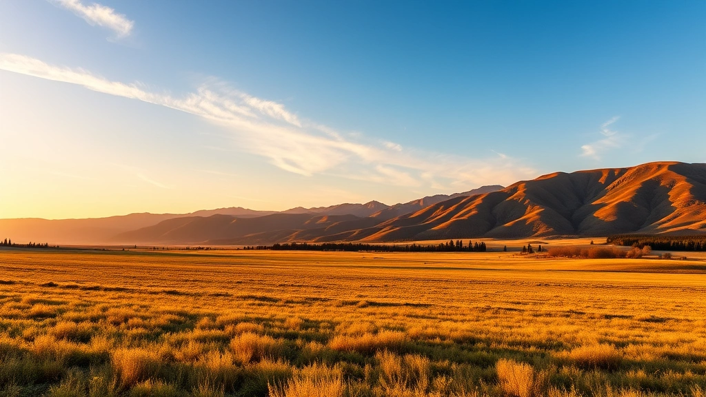 Idaho landscape with rolling mountains and open fields during golden hour, representing the state's outdoor culture and constitutional freedoms, photorealistic, wide vista, natural scenery