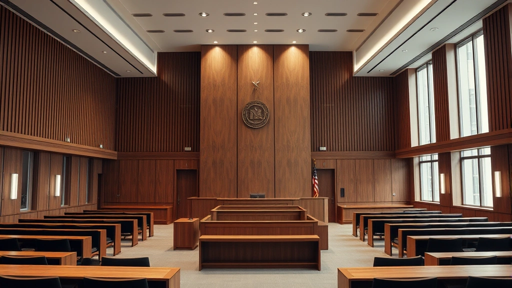 Modern courtroom interior with empty judge's bench, jury box, and professional legal setting, photorealistic, professional architecture, no visible signage or identifying text