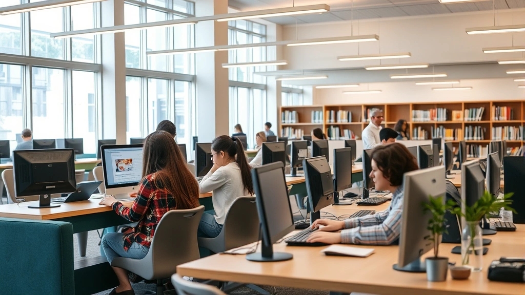 Library patrons of diverse ages using computers at public library workstations, modern library technology area with comfortable seating, collaborative atmosphere, natural daylight
