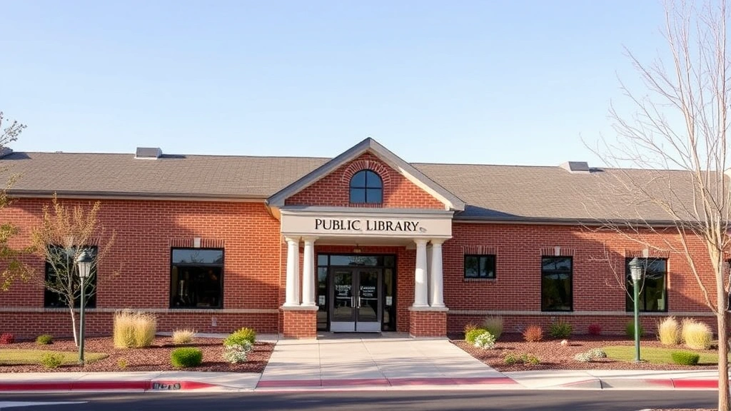 Exterior shot of brick Idaho public library building with welcoming entrance, landscaped grounds, clear day, professional architectural photography showing community library facility
