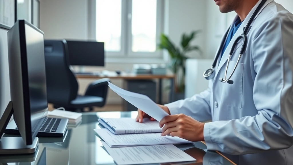 Healthcare provider in clinical setting reviewing patient consent forms and medical documents on desk, professional medical office environment, natural daylight through windows