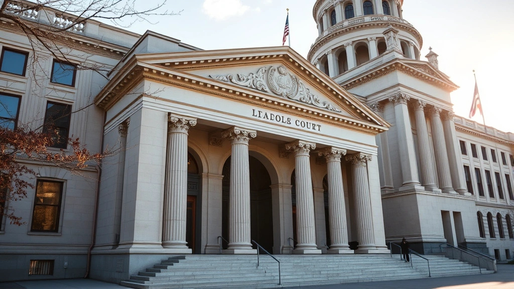 Court building exterior with classical architecture, Idaho state capitol building style, morning sunlight, professional legal setting, no people visible