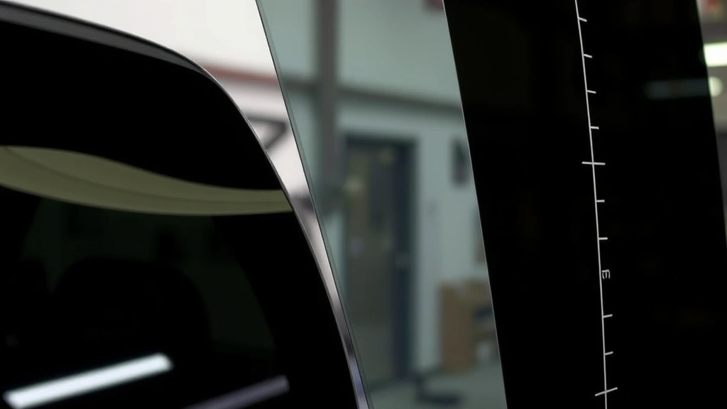 Close-up of window tint film samples showing different darkness levels and transparency variations with measurement specifications visible in professional automotive workshop