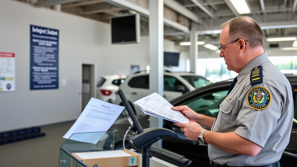 Illinois Secretary of State vehicle inspection station facility with uniformed inspector examining vehicle documents and compliance certificates at official inspection counter