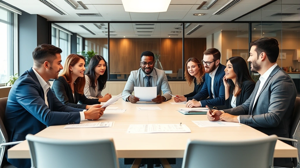 Diverse group of business professionals in modern office conference room discussing compliance documents, collaborative atmosphere, contemporary workplace setting