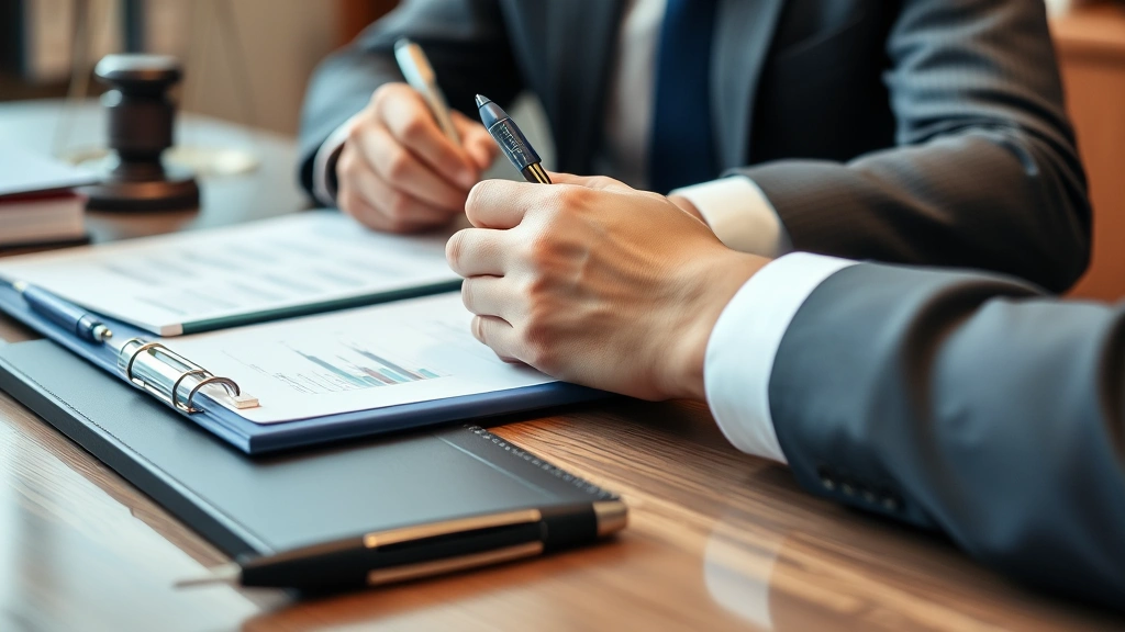 Close-up of legal professional taking notes during client consultation, organized desk with legal files and notepad, professional office environment